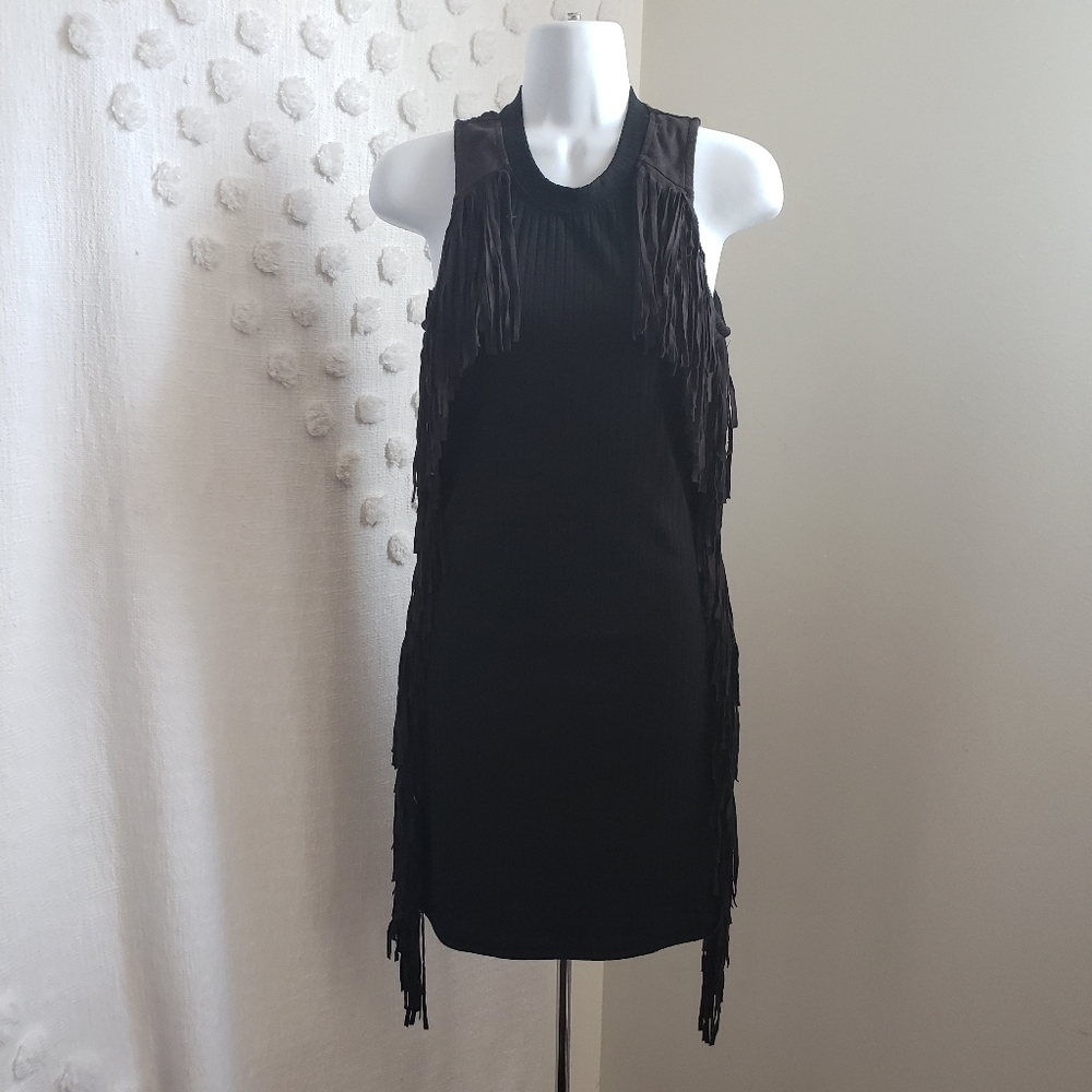 Dance & Marvel Black Ribbed Knit Fringe Dress